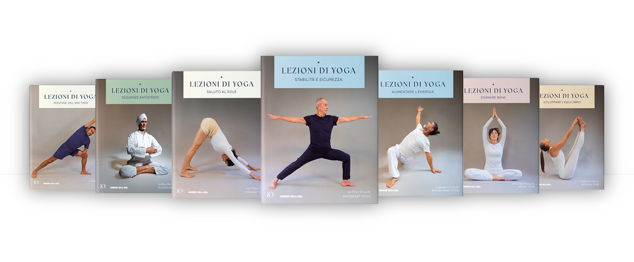 Sette copertine della collana Lezioni di Yoga; al centro Stabilità e sicurezza, con Piero Vivarelli nella posizione del guerriero